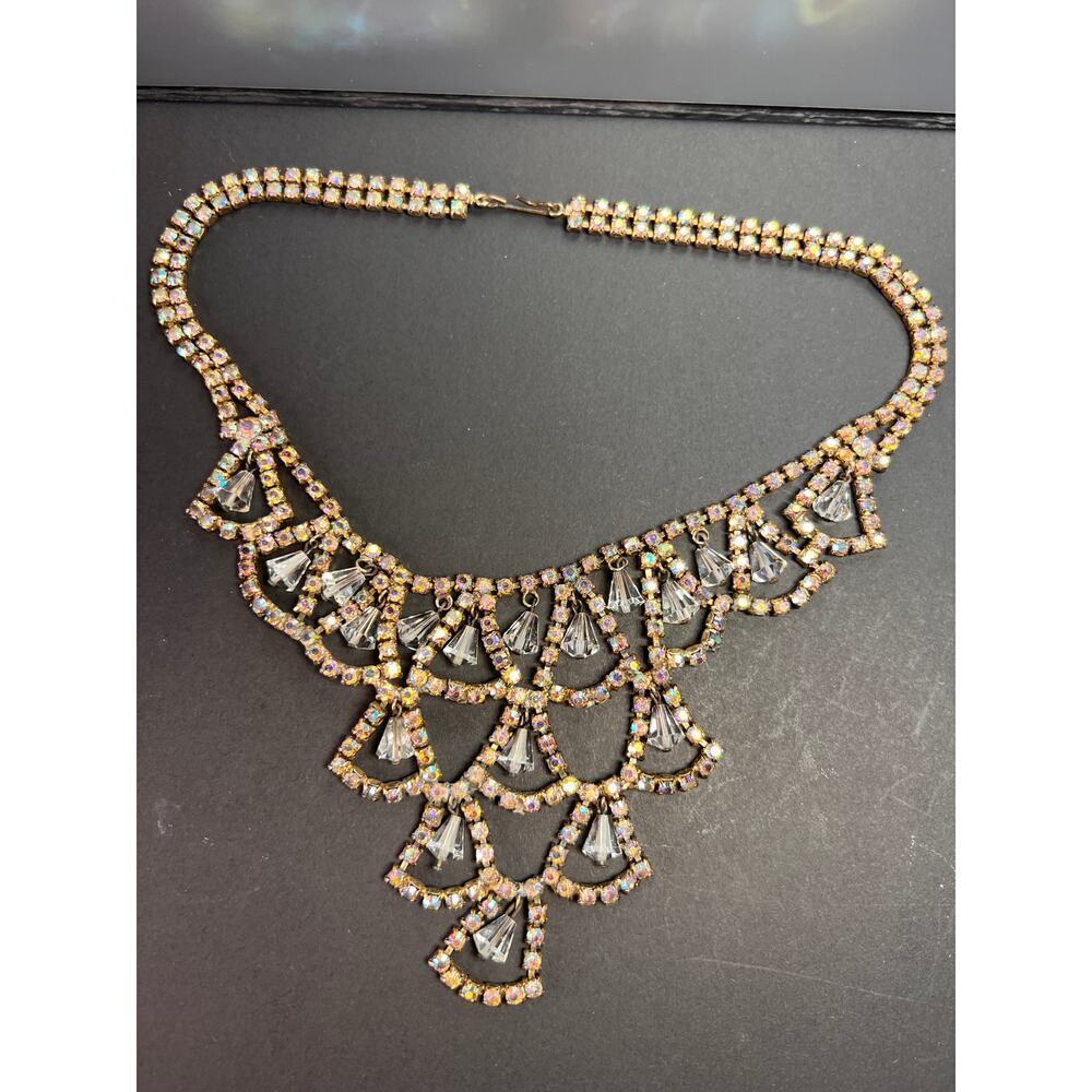 Vintage AB Rhinestone Bib Necklace Clear Glass Dangles Gold Tone - Picture 2 of 12